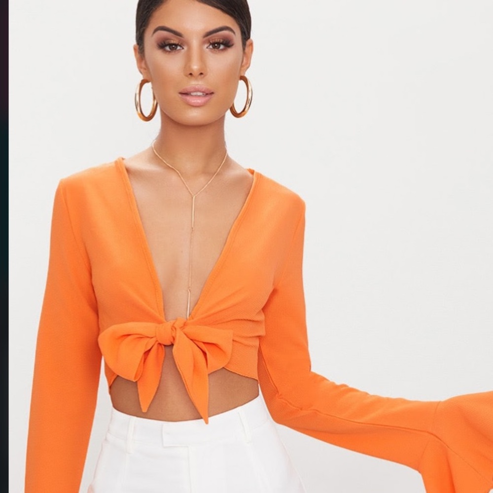 Tangerine Tie Front Frill Sleeve Blouse